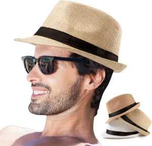 LADYBRO Straw Fedora Hats for Men Summer Short Brim Trilby Sunhat for Travel (Pack of 3)