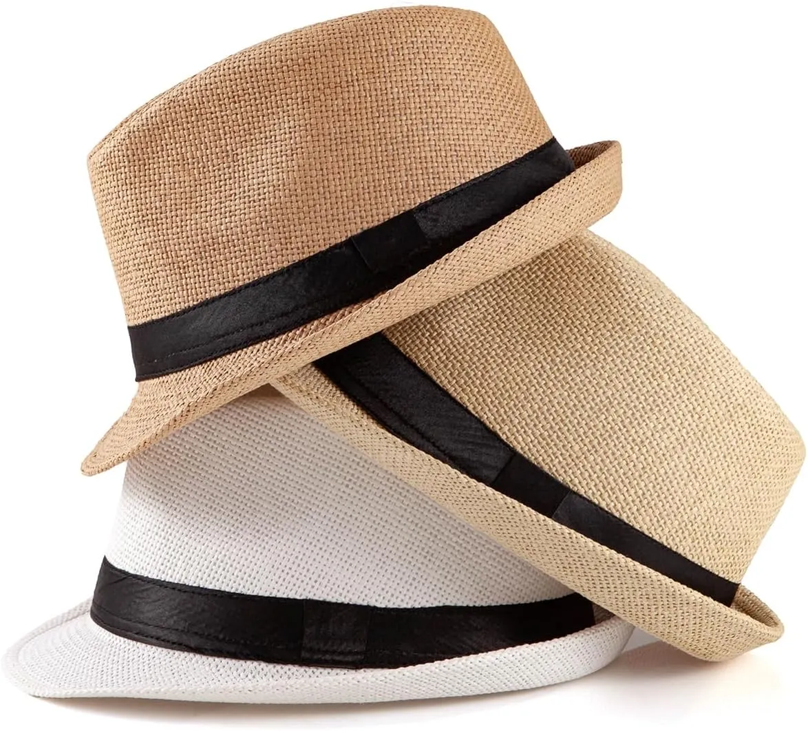 LADYBRO Straw Fedora Hats for Men Summer Short Brim Trilby Sunhat for Travel (Pack of 3)