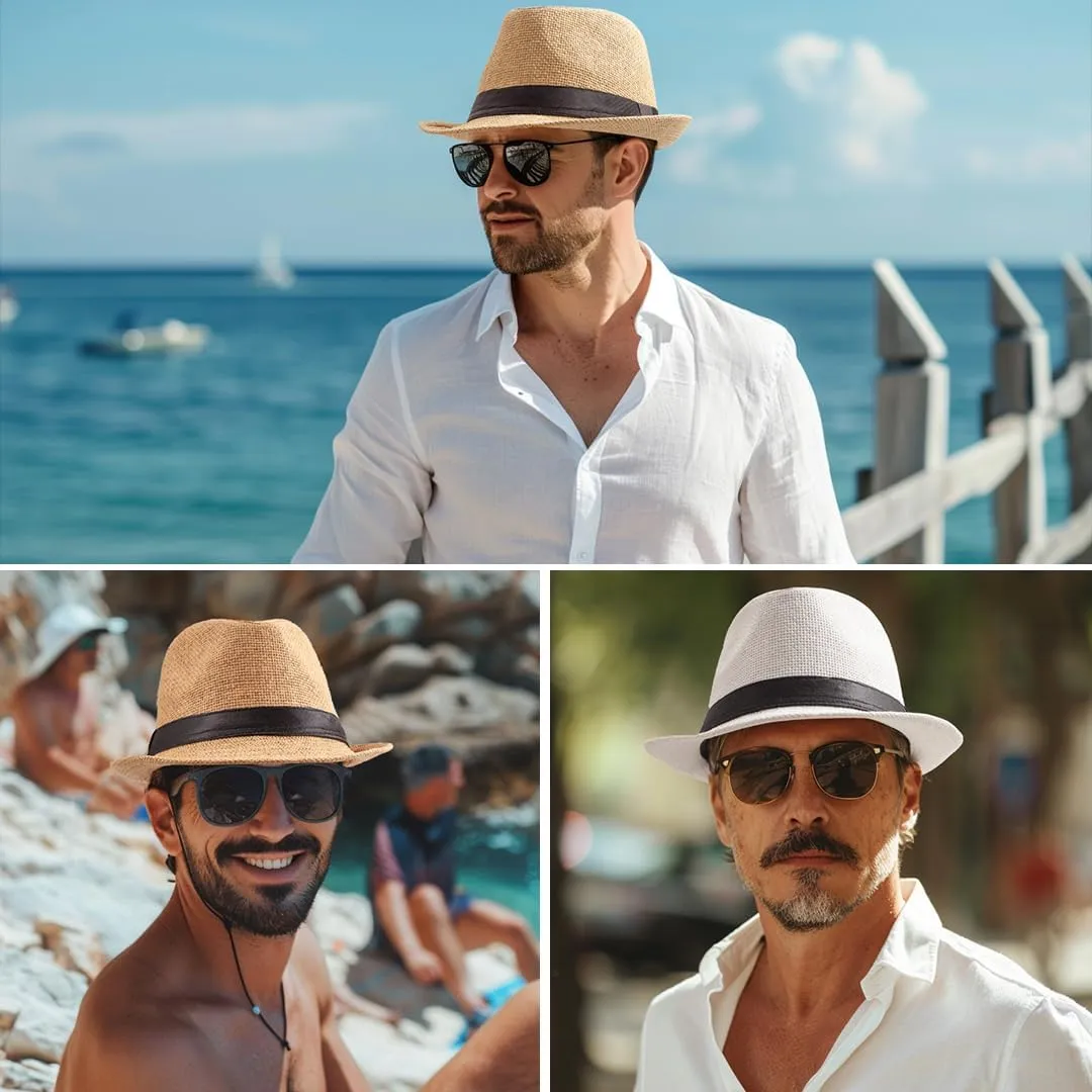 LADYBRO Straw Fedora Hats for Men Summer Short Brim Trilby Sunhat for Travel (Pack of 3)