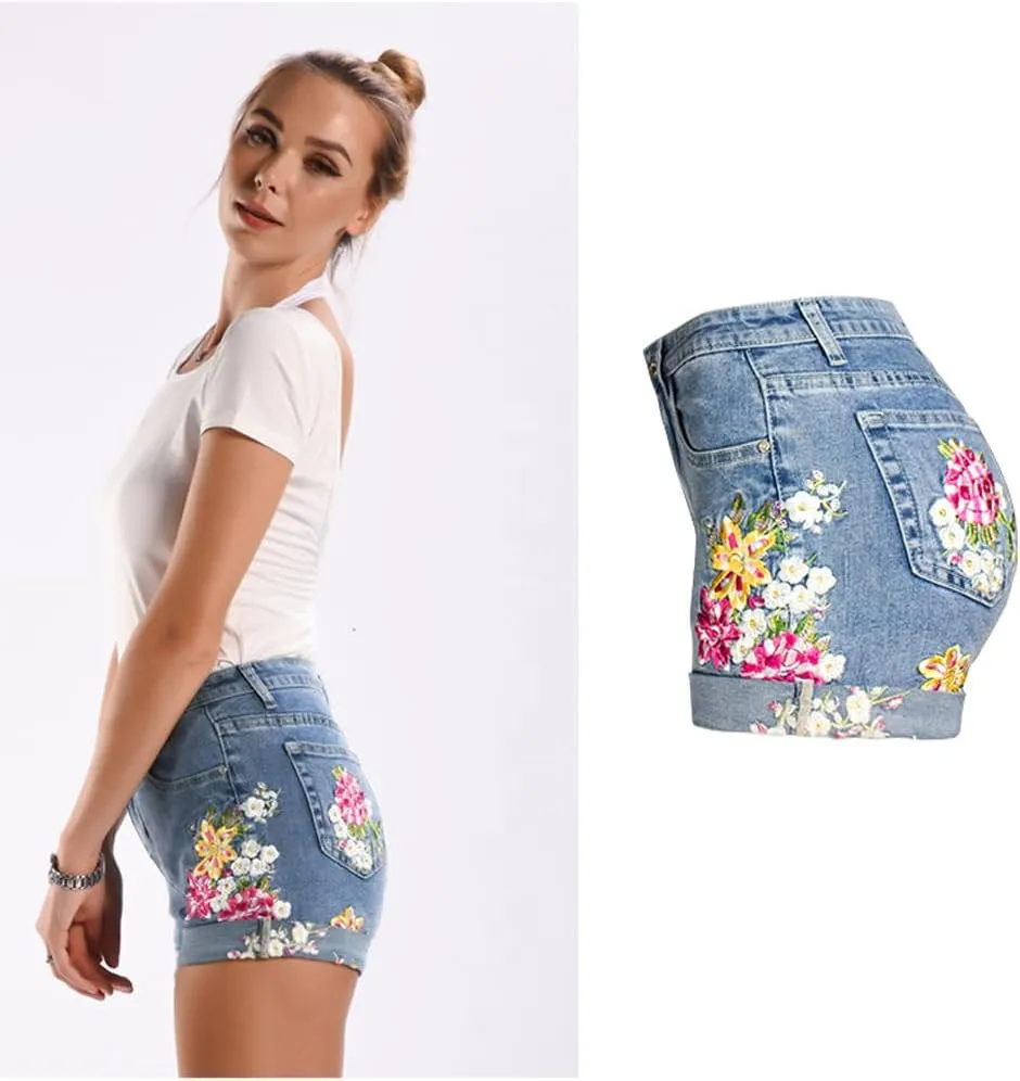 LAFOURAM Women's Floral Embroidered High Waisted Cuffed Jean Shorts Boyfriend Denim Shorts
