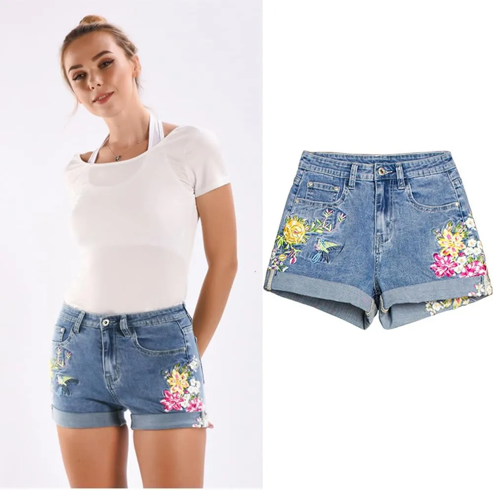 LAFOURAM Women's Floral Embroidered High Waisted Cuffed Jean Shorts Boyfriend Denim Shorts