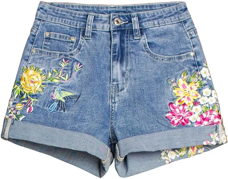 LAFOURAM Women's Floral Embroidered High Waisted Cuffed Jean Shorts Boyfriend Denim Shorts