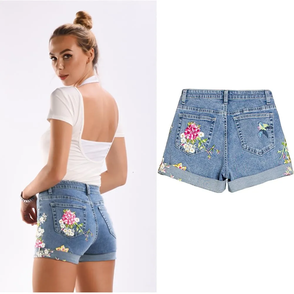 LAFOURAM Women's Floral Embroidered High Waisted Cuffed Jean Shorts Boyfriend Denim Shorts