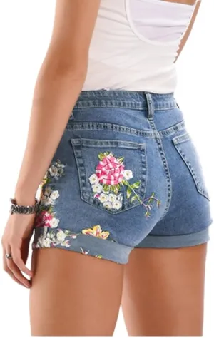 LAFOURAM Women's Floral Embroidered High Waisted Cuffed Jean Shorts Boyfriend Denim Shorts