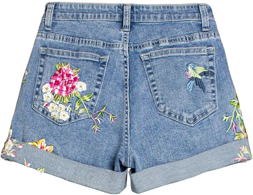 LAFOURAM Women's Floral Embroidered High Waisted Cuffed Jean Shorts Boyfriend Denim Shorts