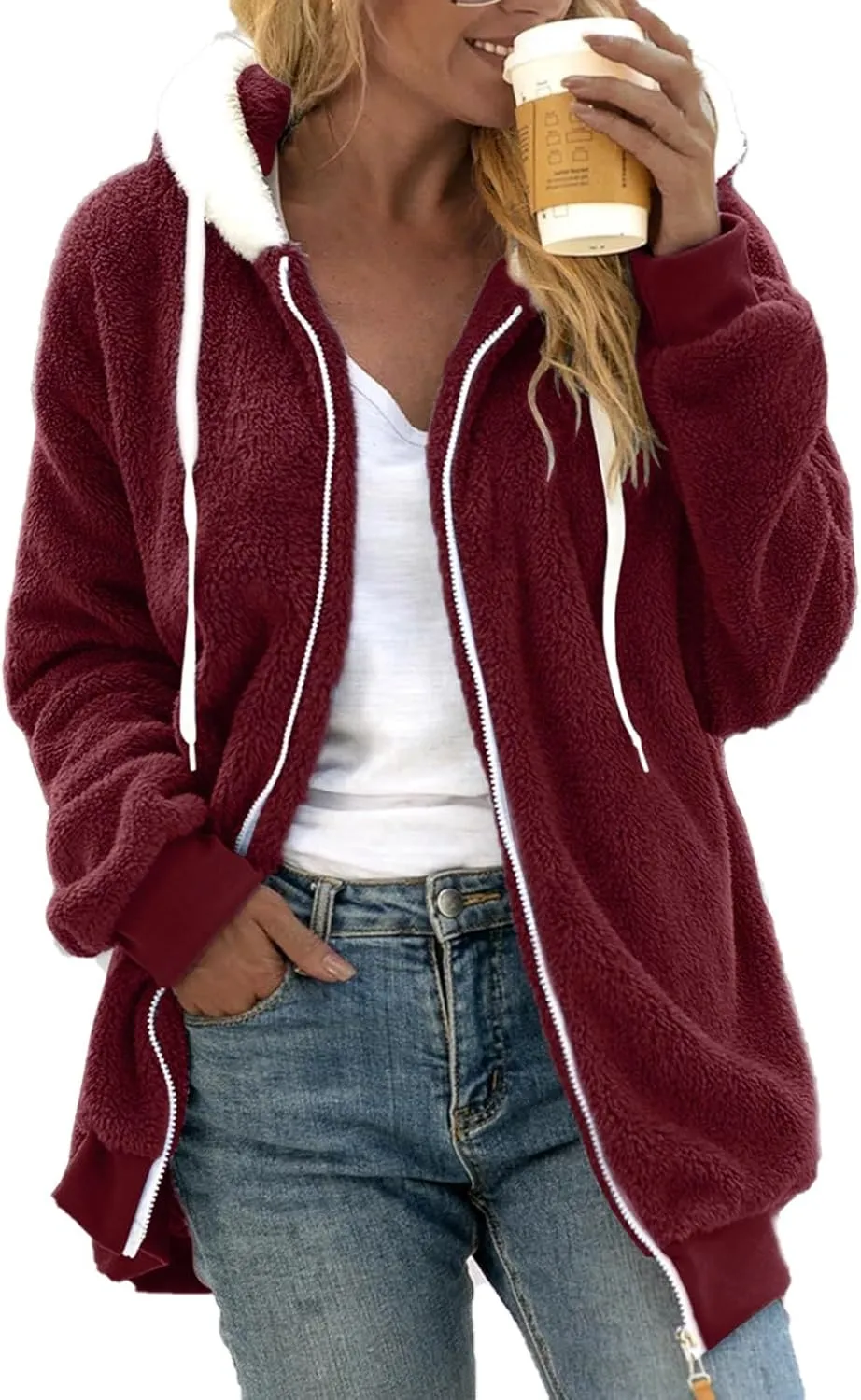 LCMTWX Women's Coats Basic Long Jacket Coat Trendy Color Block Winter Drawstring Hoodie Snow Coat Shaggy Warm Winter Fleece
