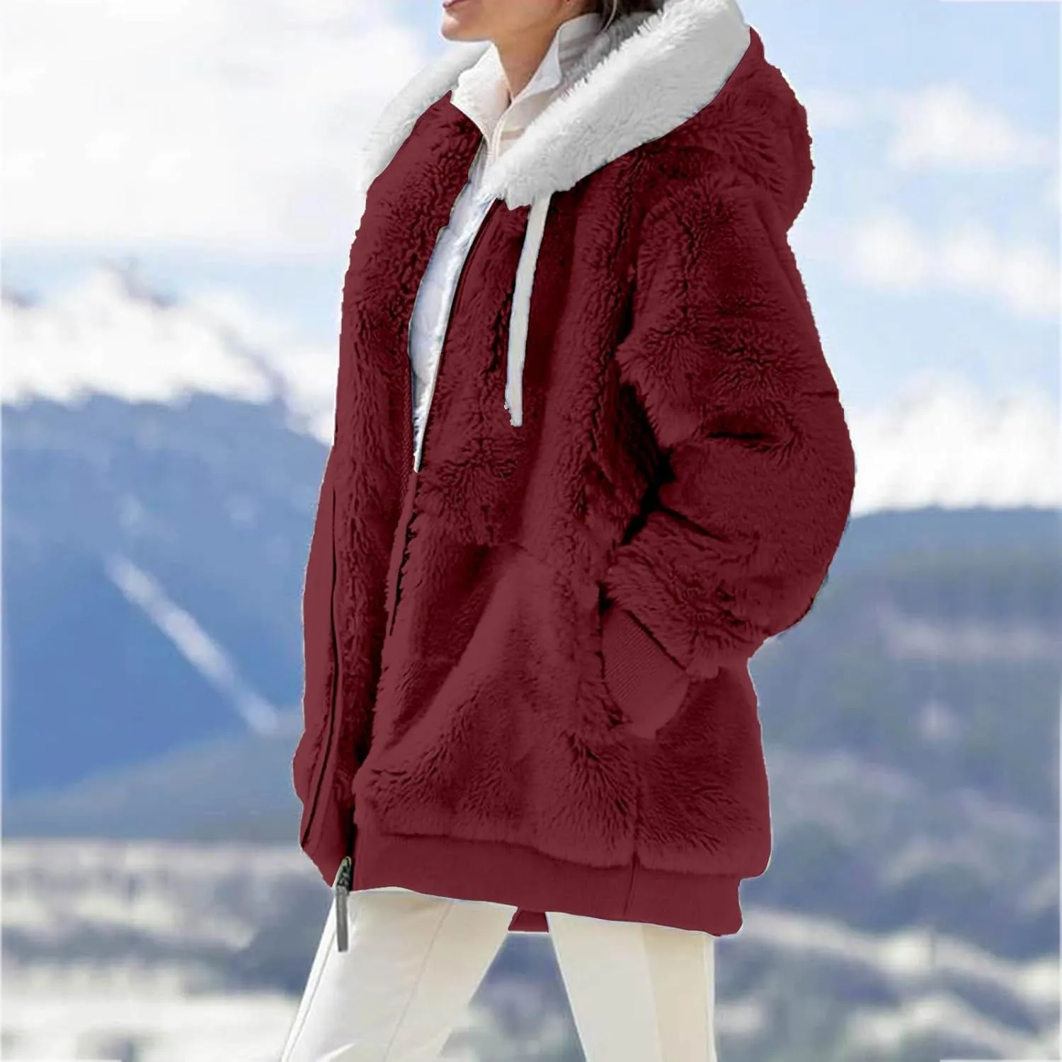 LCMTWX Women's Coats Basic Long Jacket Coat Trendy Color Block Winter Drawstring Hoodie Snow Coat Shaggy Warm Winter Fleece