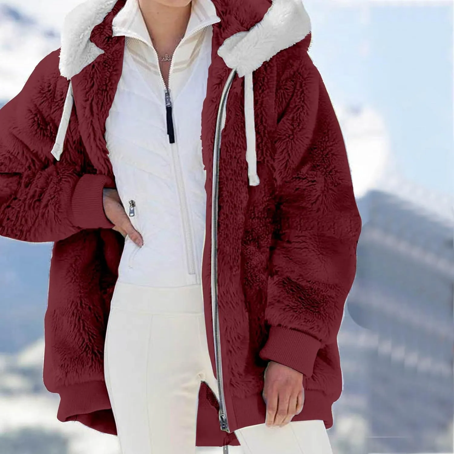 LCMTWX Women's Coats Basic Long Jacket Coat Trendy Color Block Winter Drawstring Hoodie Snow Coat Shaggy Warm Winter Fleece