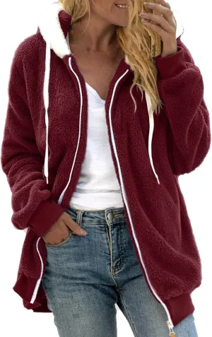 LCMTWX Women's Coats Basic Long Jacket Coat Trendy Color Block Winter Drawstring Hoodie Snow Coat Shaggy Warm Winter Fleece