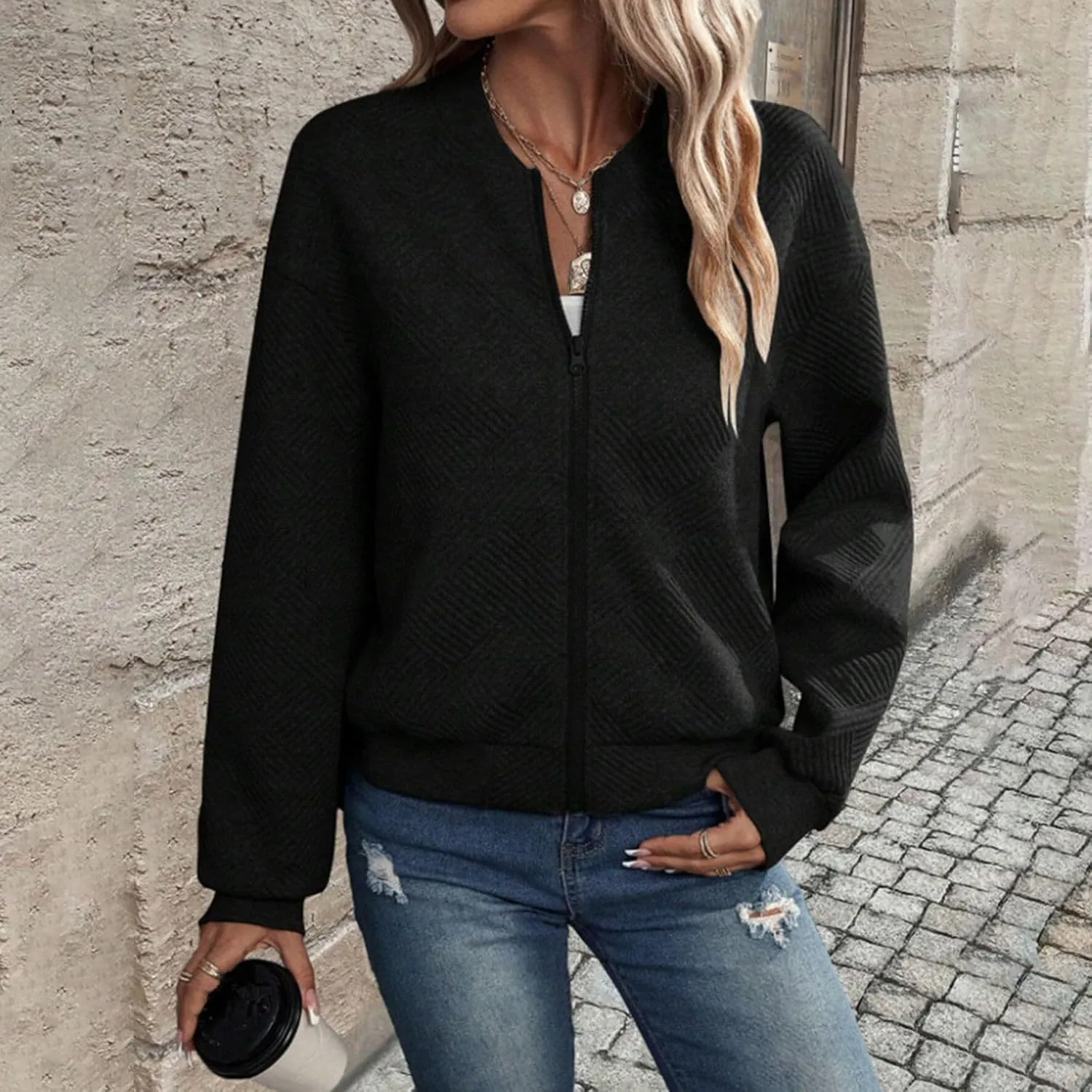 Lightweight Jacket Women Full Zip Bomber Jacket Soft Long Sleeve Zip Up Outwear Crew Neck Sweatshirt Coat Dressy Casual