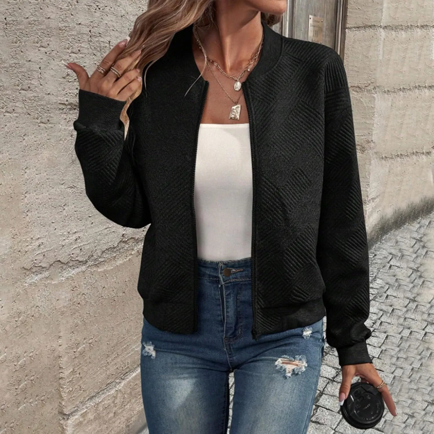 Lightweight Jacket Women Full Zip Bomber Jacket Soft Long Sleeve Zip Up Outwear Crew Neck Sweatshirt Coat Dressy Casual