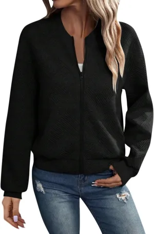 Lightweight Jacket Women Full Zip Bomber Jacket Soft Long Sleeve Zip Up Outwear Crew Neck Sweatshirt Coat Dressy Casual