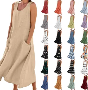 Linen Dress for Women Womens 2024 Summer Cotton Maxi Dresses Plus Size Sundress with Pockets Casual Tank Beach Dress
