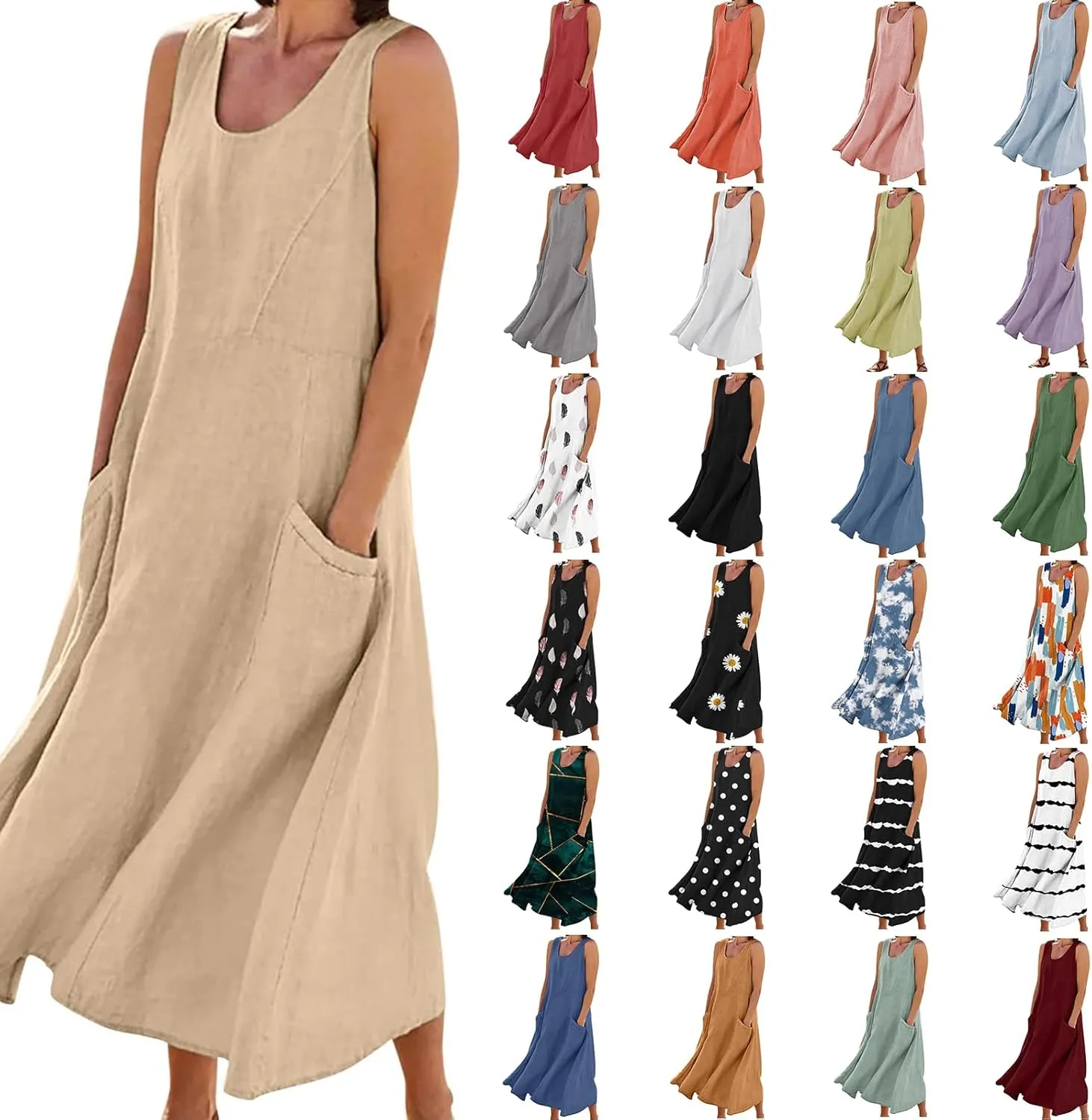 Linen Dress for Women Womens 2024 Summer Cotton Maxi Dresses Plus Size Sundress with Pockets Casual Tank Beach Dress