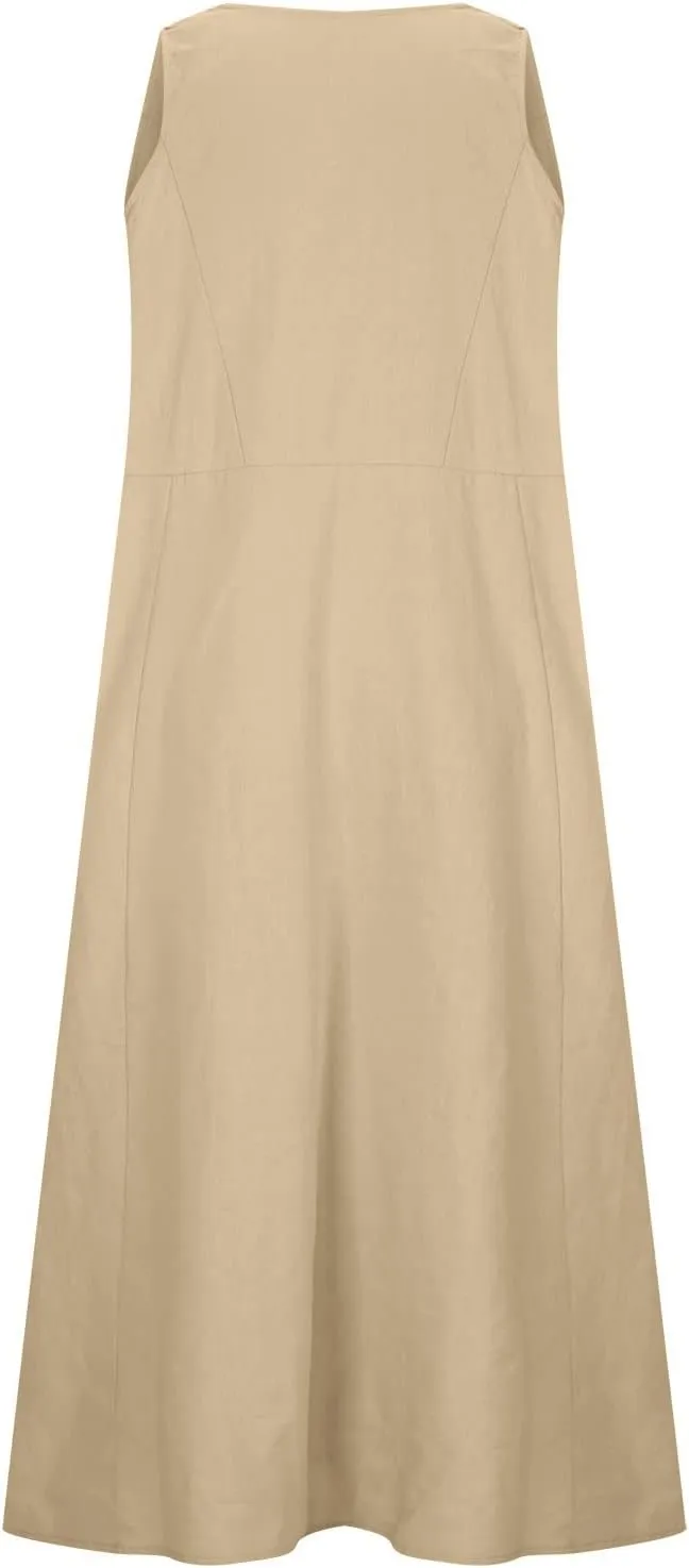 Linen Dress for Women Womens 2024 Summer Cotton Maxi Dresses Plus Size Sundress with Pockets Casual Tank Beach Dress