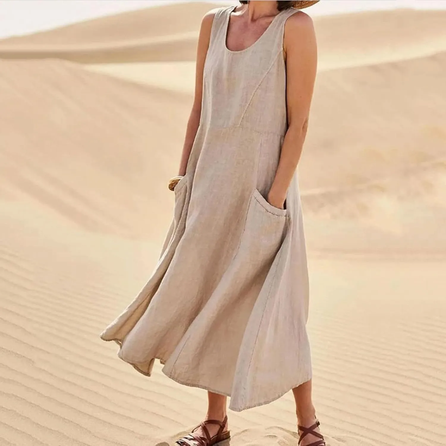 Linen Dress for Women Womens 2024 Summer Cotton Maxi Dresses Plus Size Sundress with Pockets Casual Tank Beach Dress