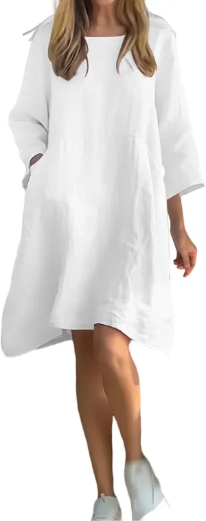 Linen Dress Women 2025 3/4 Sleeve Crewneck Dresses Casual Plus Size Midi Dresses Loose Summer Dress with Pockets