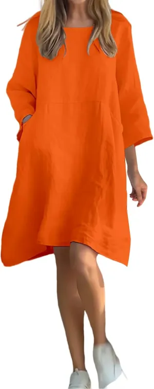 Linen Dress Women 2025 3/4 Sleeve Crewneck Dresses Casual Plus Size Midi Dresses Loose Summer Dress with Pockets
