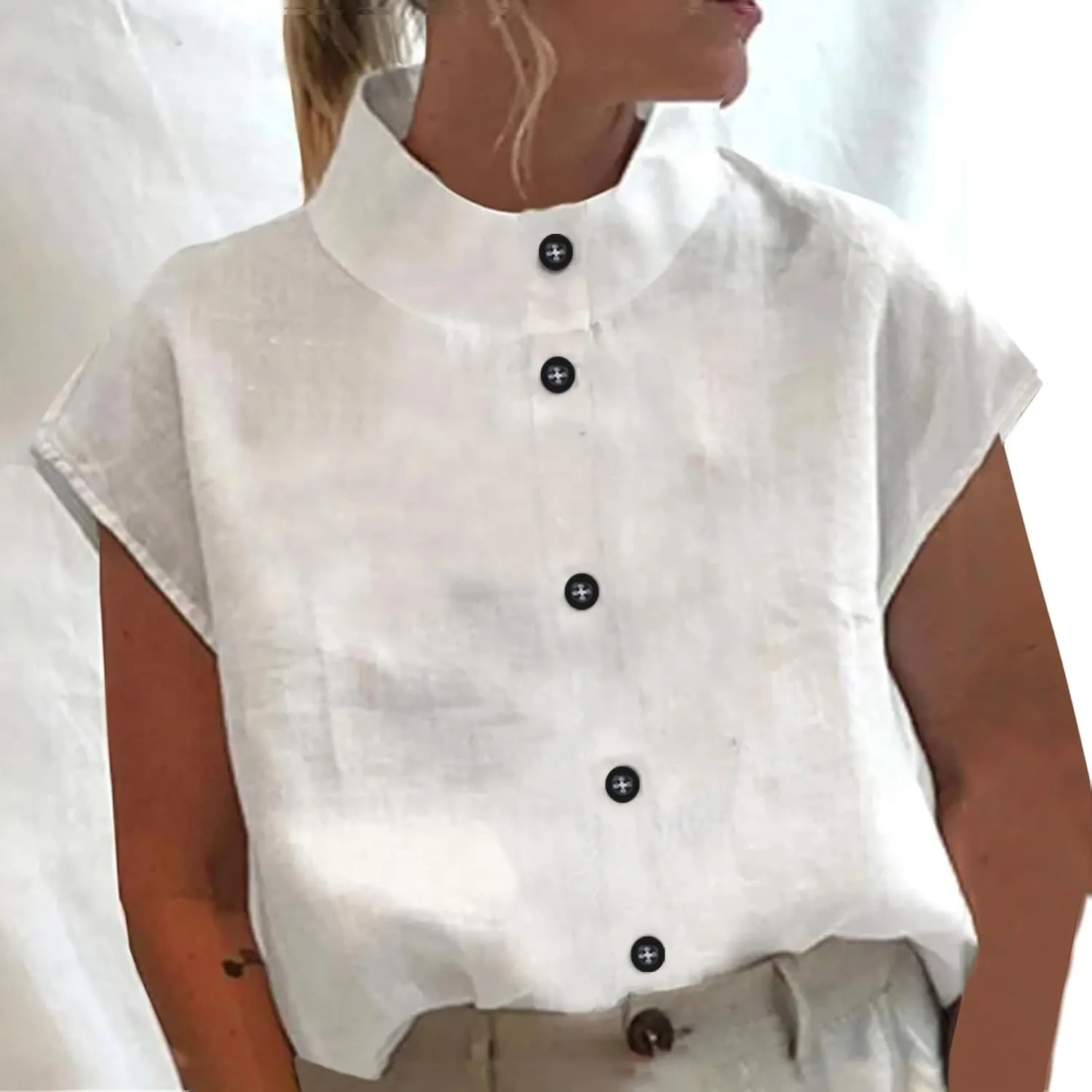 Linen Shirt Women Solid Color Stand Neck Hollow Out Tank Tops Loose Fit Tunic Soft Trendy Blouses Tshirt