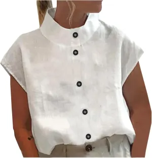 Linen Shirt Women Solid Color Stand Neck Hollow Out Tank Tops Loose Fit Tunic Soft Trendy Blouses Tshirt