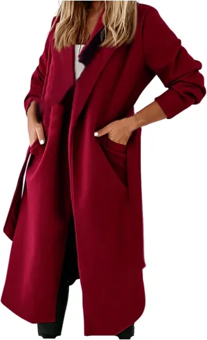 Long Jacket for Women Plus Size Solid Color Elegant Woolen Coat Lapel Open Front Loose Fit Long Sleeve Cardigans Coat