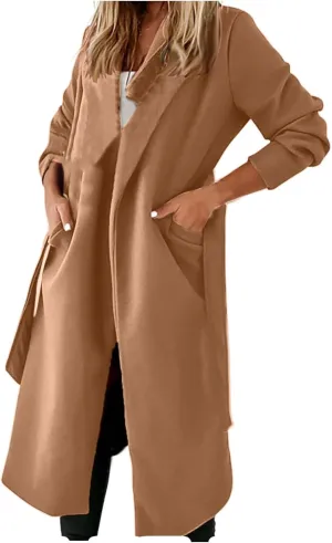 Long Jacket for Women Plus Size Solid Color Elegant Woolen Coat Lapel Open Front Loose Fit Long Sleeve Cardigans Coat