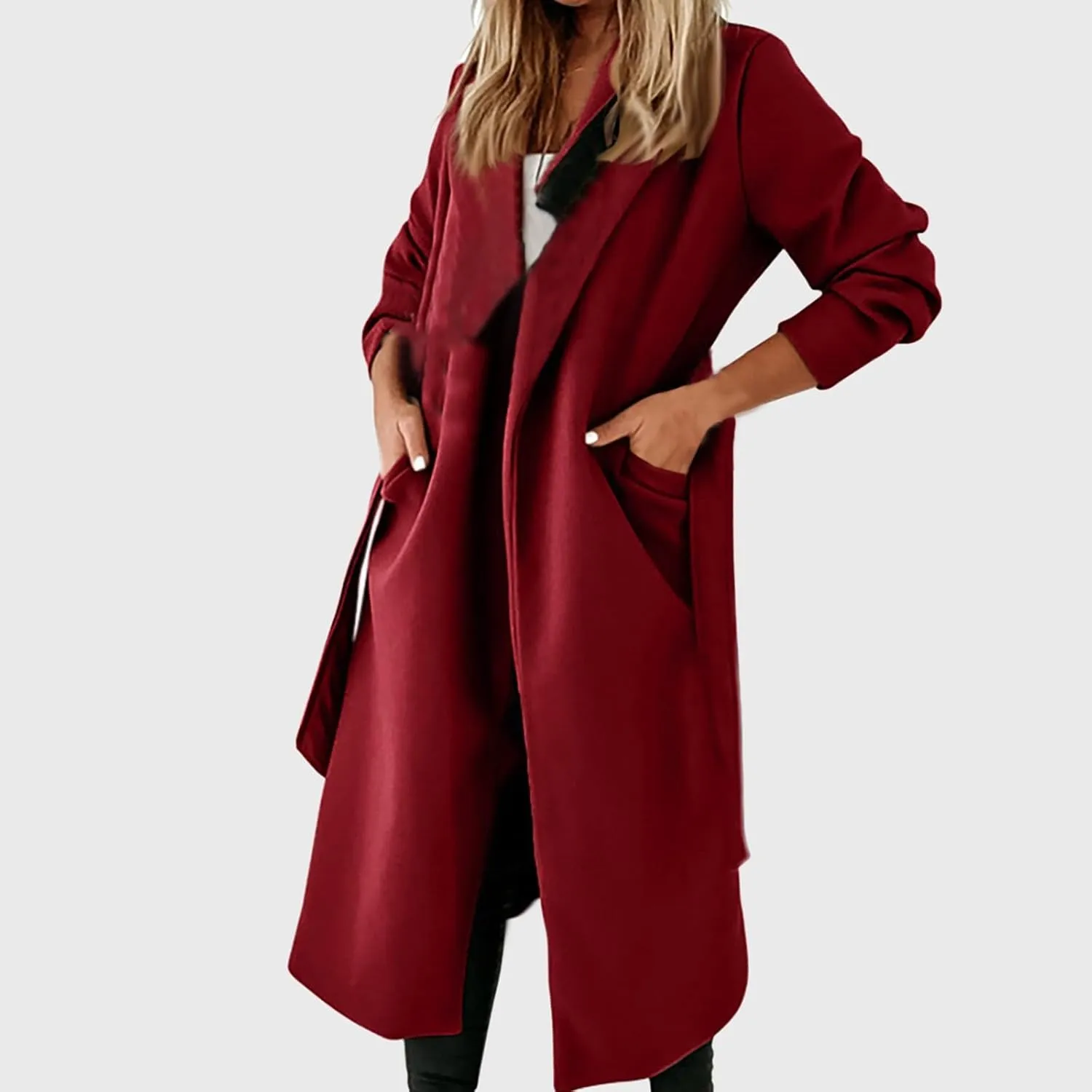 Long Jacket for Women Plus Size Solid Color Elegant Woolen Coat Lapel Open Front Loose Fit Long Sleeve Cardigans Coat