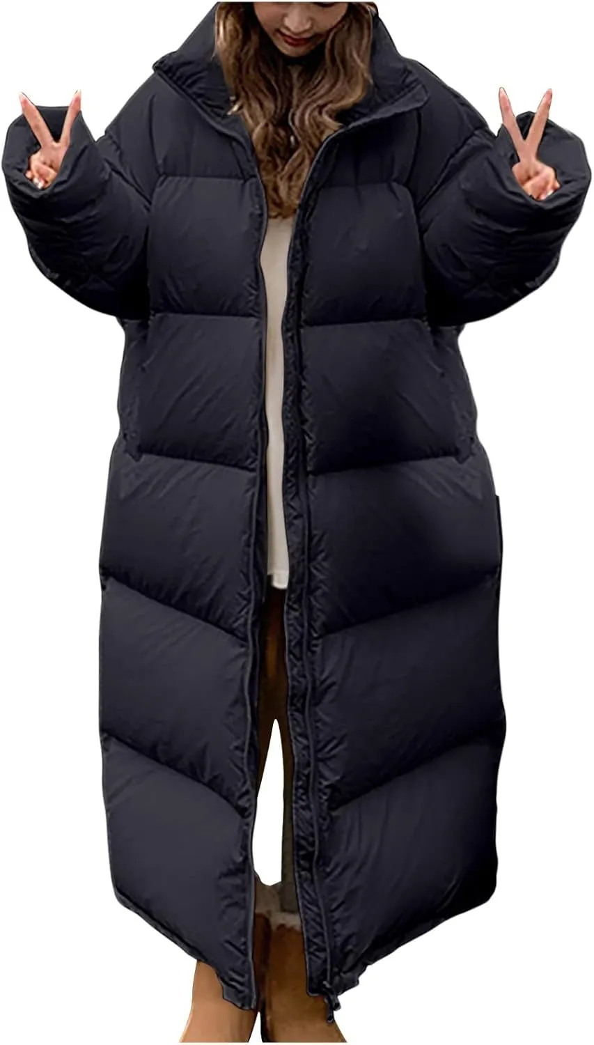 Long Quilted Puffer Coat for Women Maxi Length Down Jackets Oversized Stand Collar Warm Outerwear Parka Jacket