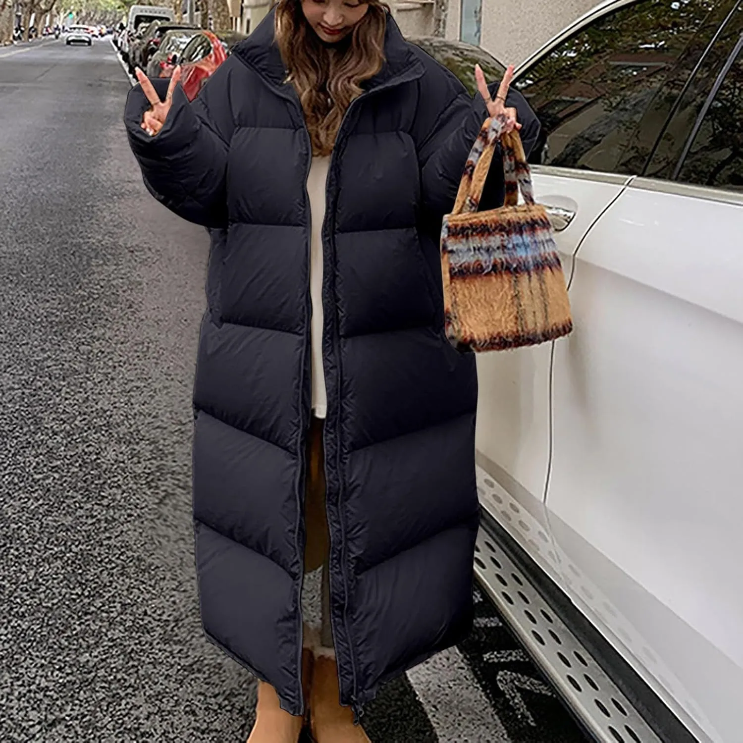 Long Quilted Puffer Coat for Women Maxi Length Down Jackets Oversized Stand Collar Warm Outerwear Parka Jacket