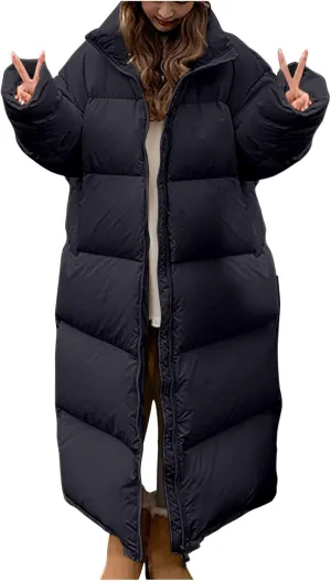 Long Quilted Puffer Coat for Women Maxi Length Down Jackets Oversized Stand Collar Warm Outerwear Parka Jacket
