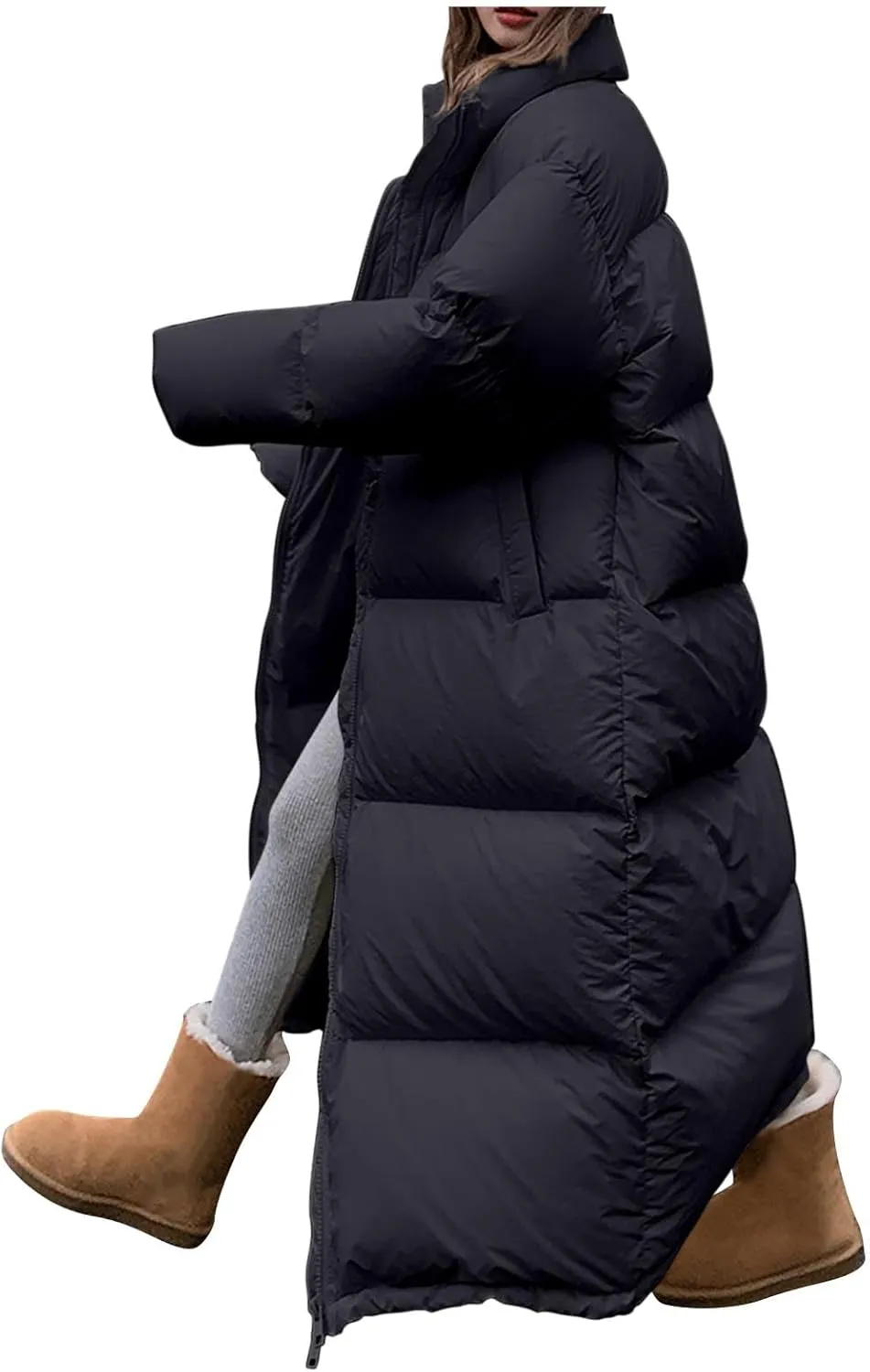 Long Quilted Puffer Coat for Women Maxi Length Down Jackets Oversized Stand Collar Warm Outerwear Parka Jacket