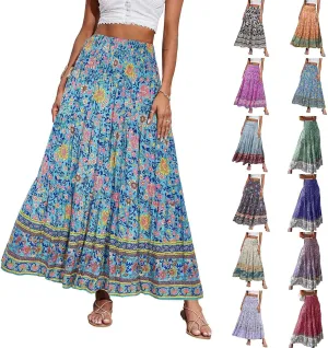 Long Skirts for Women Floral Boho Flowy Maxi Skirt Swing Tiered Midi Skirt Smocked Elastic High Waisted Skirts