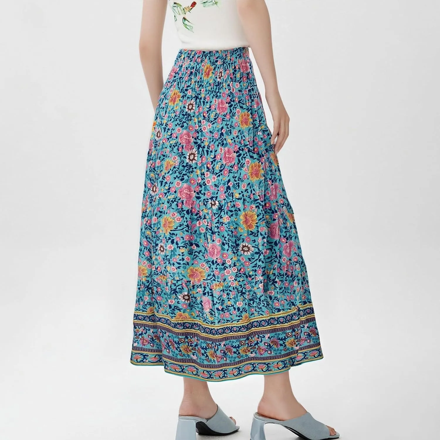Long Skirts for Women Floral Boho Flowy Maxi Skirt Swing Tiered Midi Skirt Smocked Elastic High Waisted Skirts