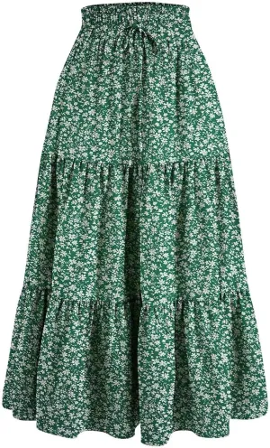 Long Skirts for Women Trendy Ruffle Floral Print Tiered Flowy Boho Skirts Comfy Drawstring Wrap Skirts