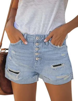 LookbookStore Women Summer High Waisted Sewn Cuffed Hem Buttons Denim Jean Shorts