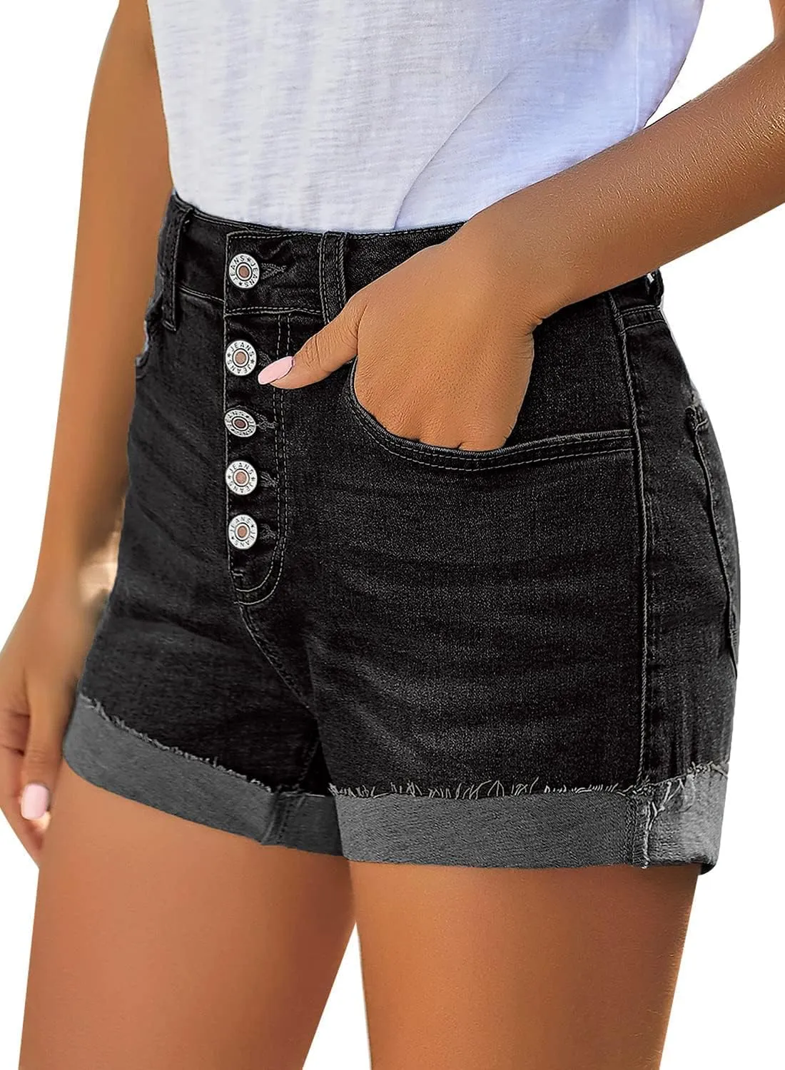 LookbookStore Women Summer High Waisted Sewn Cuffed Hem Buttons Denim Jean Shorts