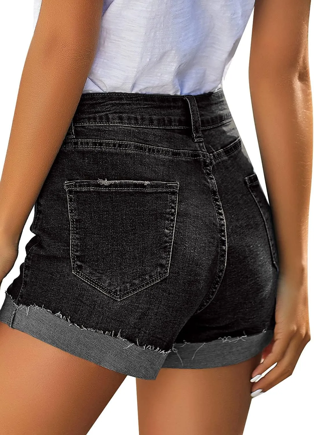 LookbookStore Women Summer High Waisted Sewn Cuffed Hem Buttons Denim Jean Shorts