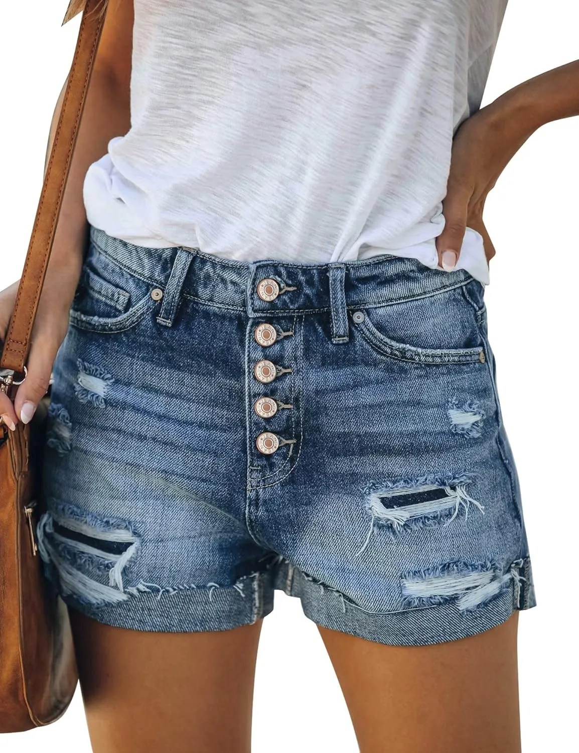 LookbookStore Women Summer High Waisted Sewn Cuffed Hem Buttons Denim Jean Shorts