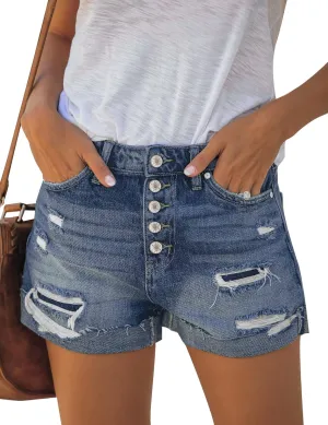 LookbookStore Women Summer High Waisted Sewn Cuffed Hem Buttons Denim Jean Shorts