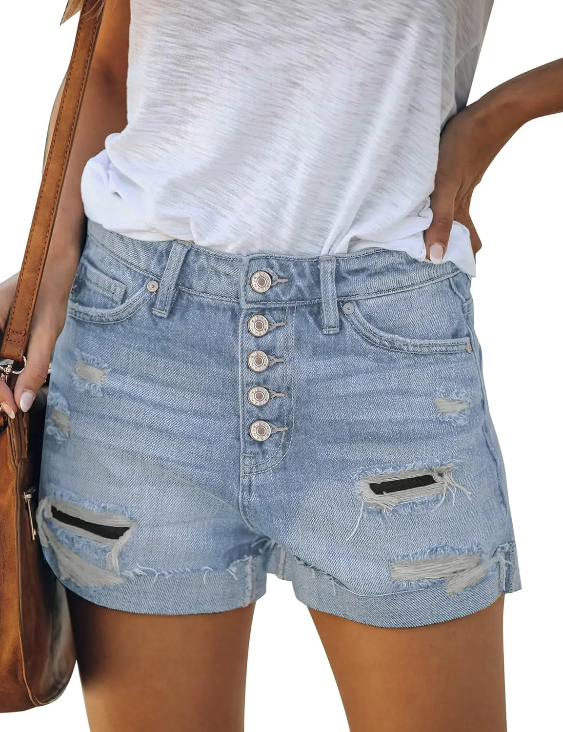 LookbookStore Women Summer High Waisted Sewn Cuffed Hem Buttons Denim Jean Shorts