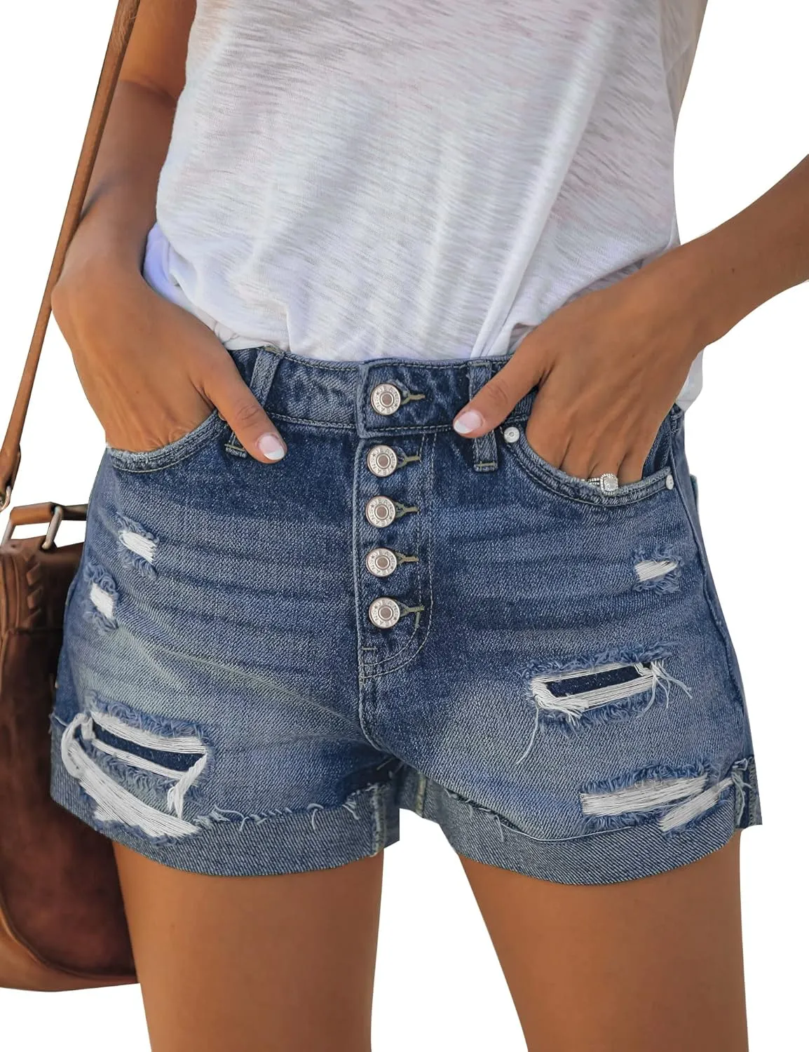 LookbookStore Women Summer High Waisted Sewn Cuffed Hem Buttons Denim Jean Shorts