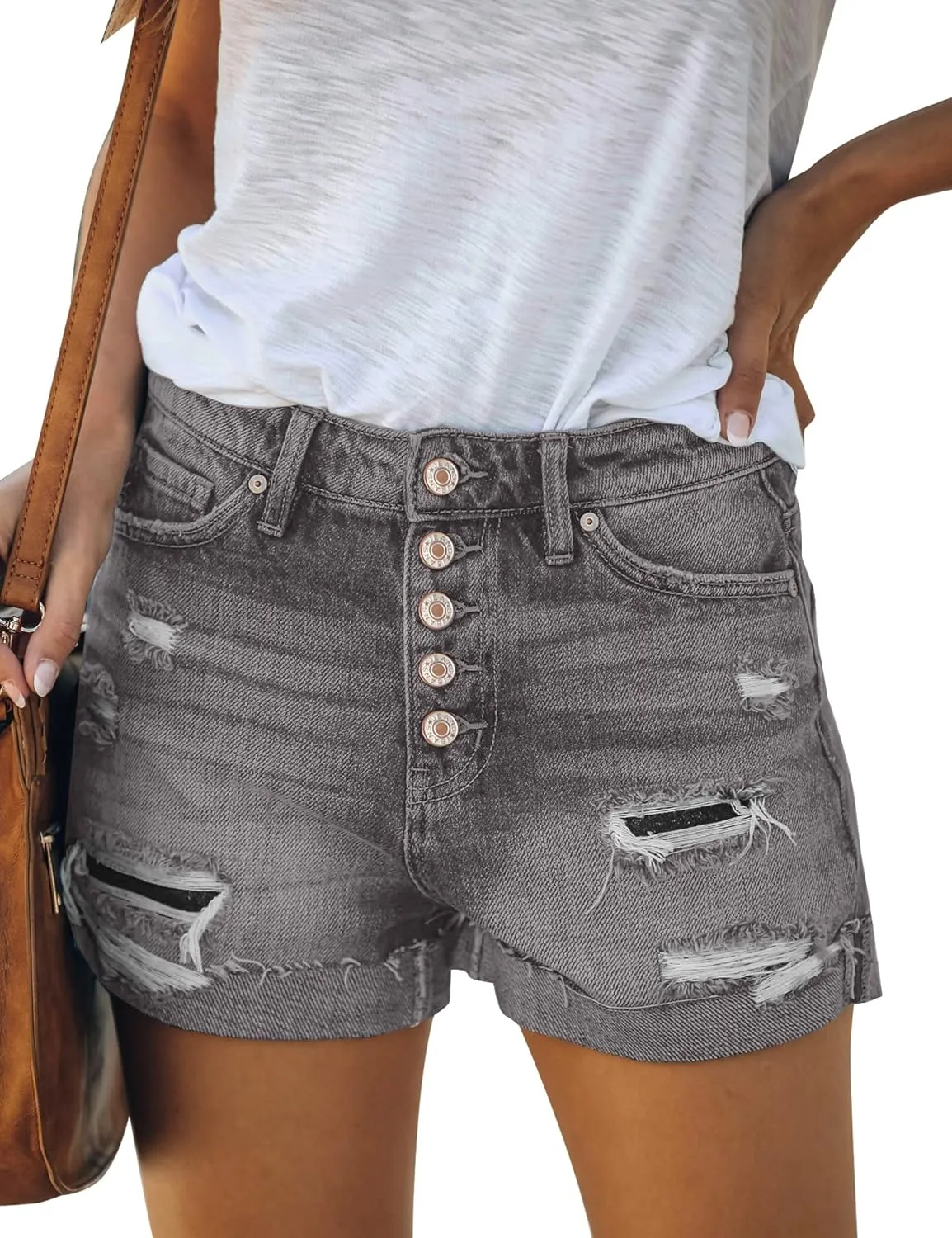 LookbookStore Women Summer High Waisted Sewn Cuffed Hem Buttons Denim Jean Shorts