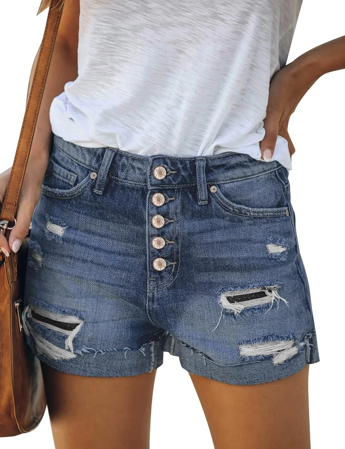 LookbookStore Women Summer High Waisted Sewn Cuffed Hem Buttons Denim Jean Shorts