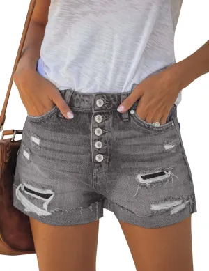 LookbookStore Women Summer High Waisted Sewn Cuffed Hem Buttons Denim Jean Shorts