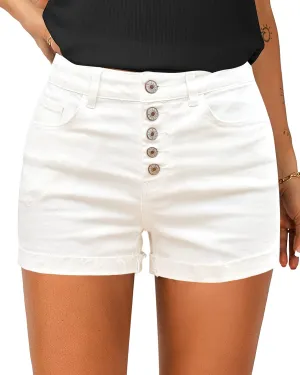 LookbookStore Women Summer High Waisted Sewn Cuffed Hem Buttons Denim Jean Shorts