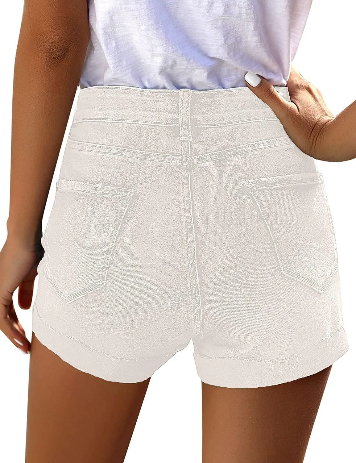 LookbookStore Women Summer High Waisted Sewn Cuffed Hem Buttons Denim Jean Shorts