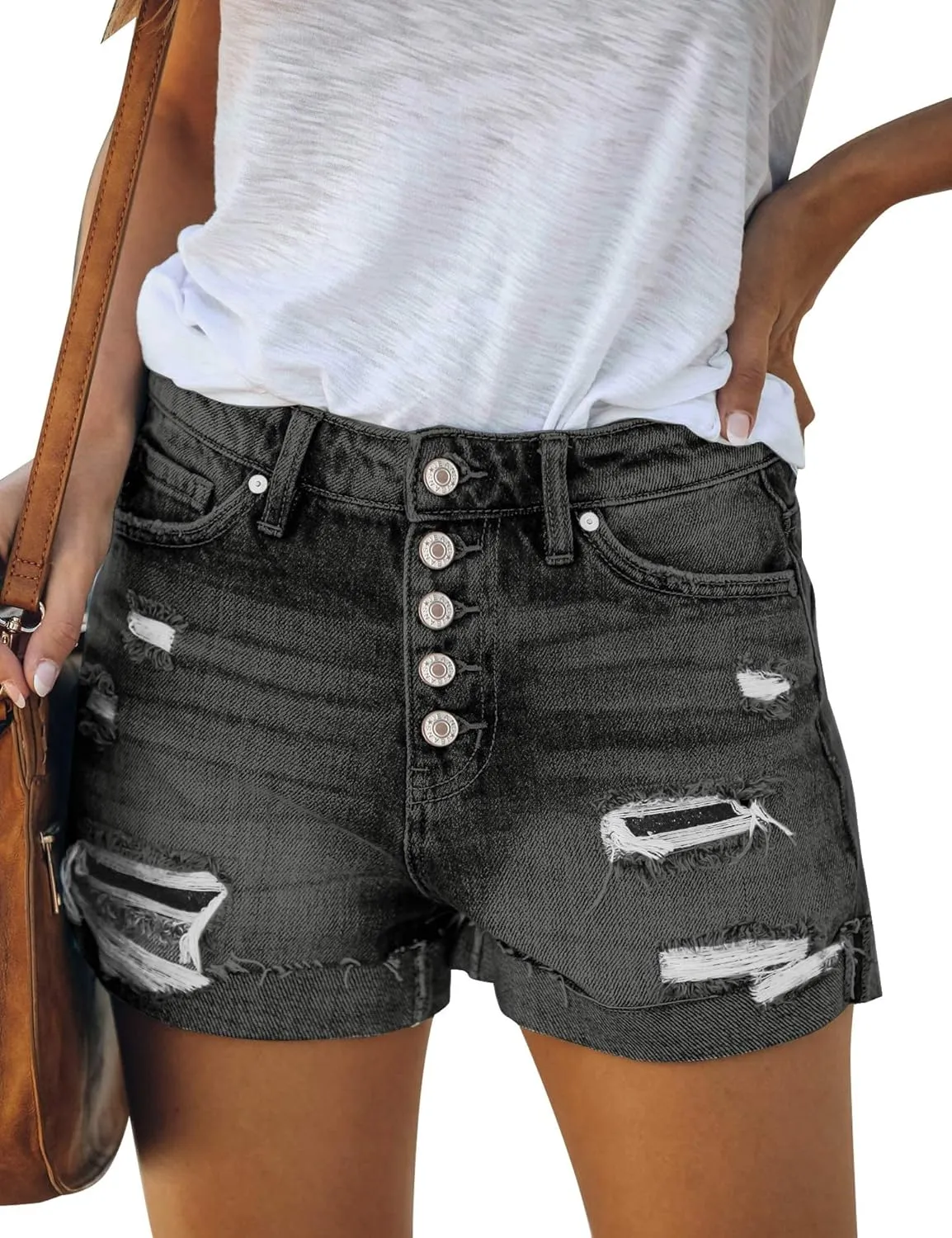 LookbookStore Women Summer High Waisted Sewn Cuffed Hem Buttons Denim Jean Shorts