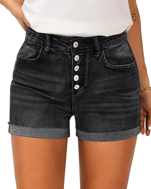 LookbookStore Women Summer High Waisted Sewn Cuffed Hem Buttons Denim Jean Shorts