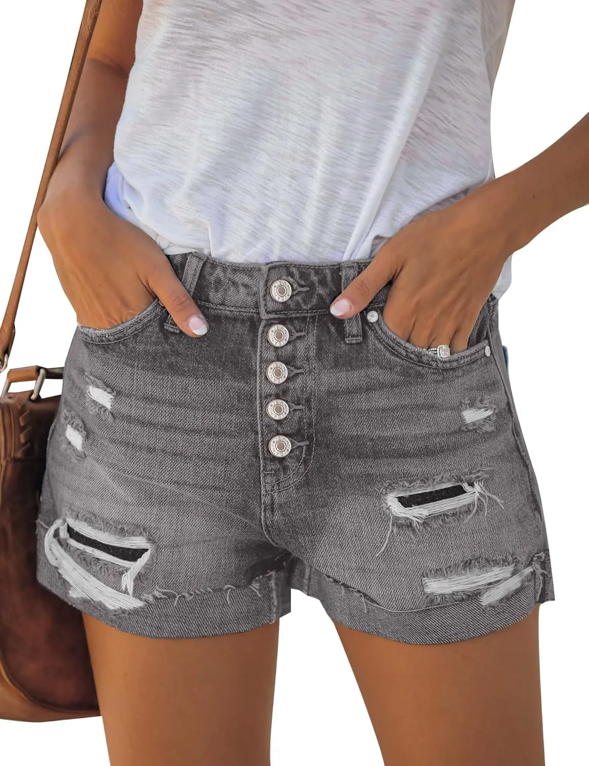 LookbookStore Women Summer High Waisted Sewn Cuffed Hem Buttons Denim Jean Shorts