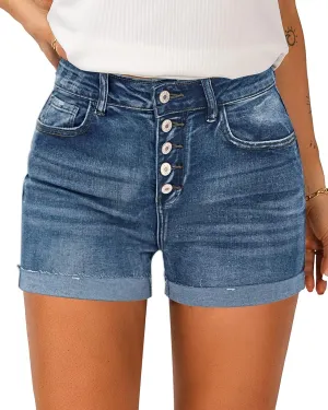 LookbookStore Women Summer High Waisted Sewn Cuffed Hem Buttons Denim Jean Shorts